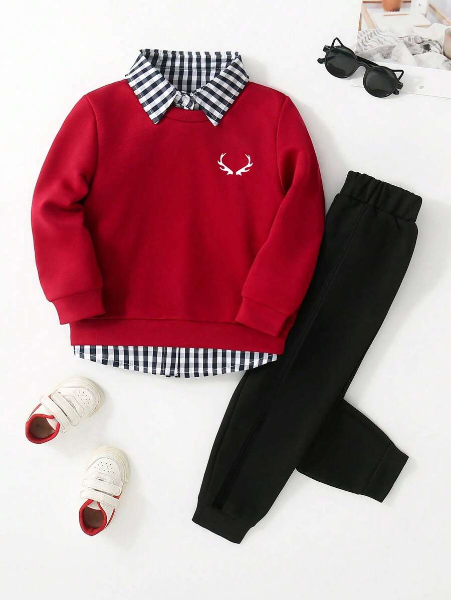 Pantalon de jogging droit pour garçon préadolescent, étiquette blanche, convient pour la tenue de Thanksgiving, les vêtements de Noël pour garçon, la robe de Noël pour enfants, les tenues de famille de Noël, la tenue de Noël pour garçon - Rouge foncé - Voir 1