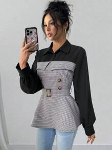 Calvaya Women's Casual Splice Shirt Collar Button-Up Cinched Waist Waist Long Sleeve Shirt, Elegant For Office Work And Daily Wear