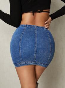 SHEIN SXY Jupe en jean midi évasée à la mode, décontractée et extensible, avec broderie de lettre, pour femmes