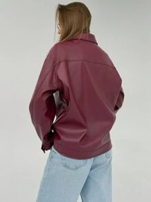 Aloruh 秋冬款酒红色口袋超大现代休闲 PU 女式夹克 - 酒紅色 - 查看 2