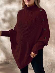 SHEIN LUNE Suéter casual de cuello alto de unicolor de manga larga con botones, suéter de punto de invierno de otoño en talla grande