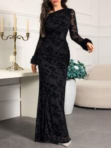 Modelyn Women's Elegant Autumn Asymmetric Shoulder Mesh Contrast Fish Tail Hem Dress - Black - View 2