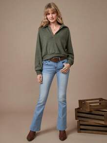 WESTFADE Spring Brushed Rib Knit Long Raglan Sleeve Polo Neck Top - Olive Green - View 6