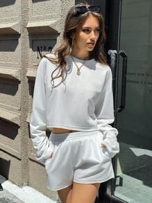 INAWLY 2pcs/Set Women Solid Color Cropped Long Sleeve Top And Shorts Set