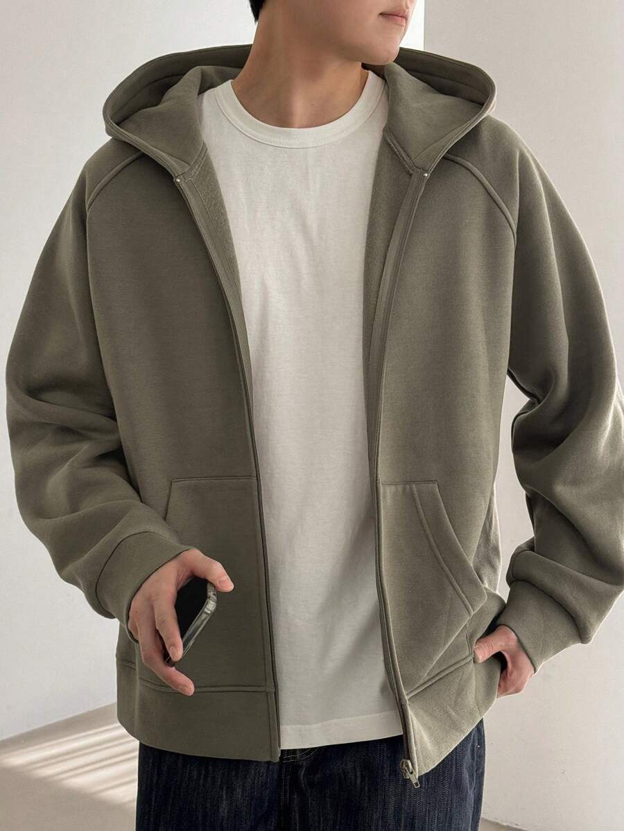 DAZY 男士纯色插肩袖拉链门襟休闲连帽衫，秋季 - 卡其色 - 查看 1
