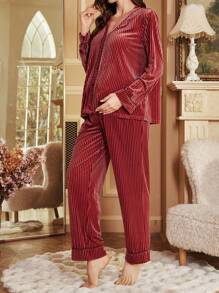 奢华条纹天鹅绒哺乳睡衣套装