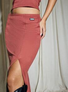 AiiRZ 蕾丝边吊带背心和侧开衩长裙套装 - 棕色 - 查看 3