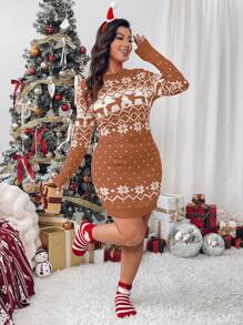 Flirla Plus Size Women Knit Round Neck Christmas Elements Pattern Jacquard Raglan Long Sleeve Casual Fitted Sweater Dress, Suitable For Christmas & New Year, Autumn/Winter - Multicolor - View 6