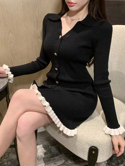 DAZY 女士休闲日常优雅撞色饰边纽扣前针织毛衣裙，秋冬，秋季女士服装舞会礼服