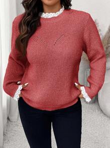 SHEIN Frenchy كنزة صوفية كروشيه كبيرة الحجم نسائية بياقة طاقم مزينة بالدانتيل، موضة وأناقة، للفصل الشتوي - الأحمر - مشاهدة 3