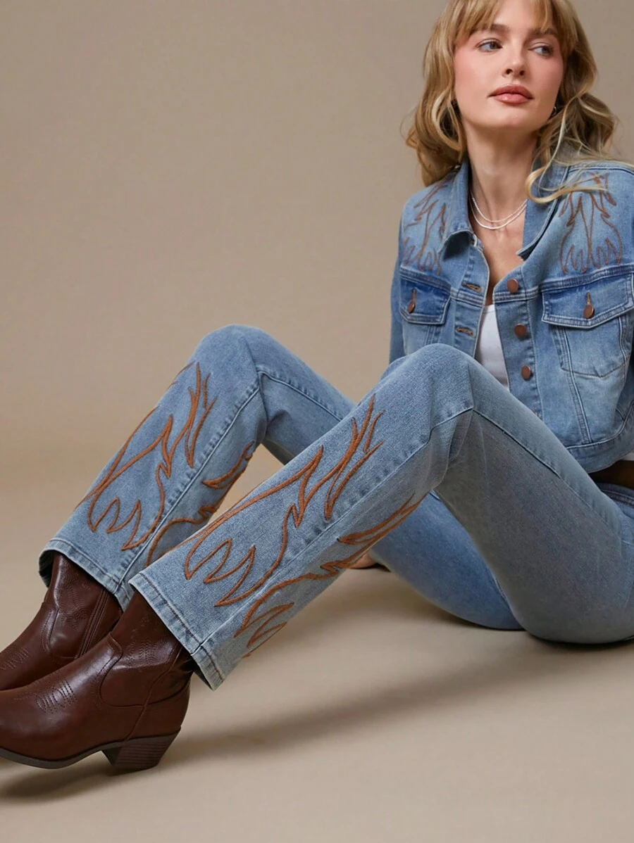 WESTFADE 高腰优质牛仔棉质西部刺绣喇叭裤牛仔裤 纳什维尔风格服装