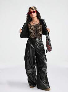 SHEIN 少女春夏 Y2K 基本款针织豹纹弹力棕色背心带胸垫 - 棕色 - 查看 5