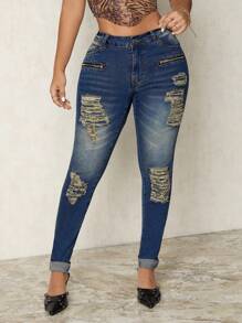 SHEIN SXY Women's Zip Design Ripped Skinny Fit Casual Versatile Jeans - Blue - View 6