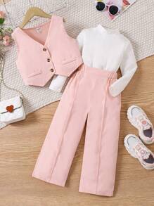 SHEIN Genkimix Kids Young Girl New Spring/Autumn Party Suit Set - Pink - View 1