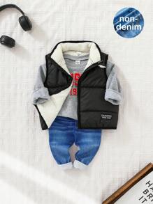 SHEIN 3pcs/Set Baby Girl Cute Black Fleece Vest Jacket, Letter Print Hoodie And Elastic Waist Pants For Autumn/Winter - Black - View 6