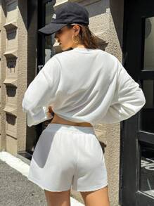 INAWLY 2pcs/Set Women Solid Color Cropped Long Sleeve Top And Shorts Set