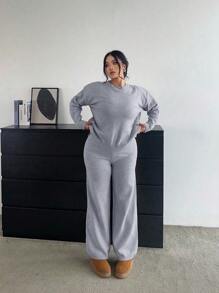 Flirla Plus Size Soft, Slimming & Versatile Casual Wide-Leg Pants And Long Sleeve Knit Set, For Winter - Grey - View 4