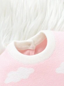 Baby Girls Casual Cute Cloud Graphic Knitted Long Sleeve Sweater Jumpsuit, Footie Pajamas, Soft And Comfortable For Daily, Outdoor, Travel, Holiday, Home, Daycare Wear - Baby Pink - View 5