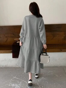 DAZY 女士字母印花圆领长袖荷叶边下摆休闲连衣裙，适合秋冬季，秋季女装