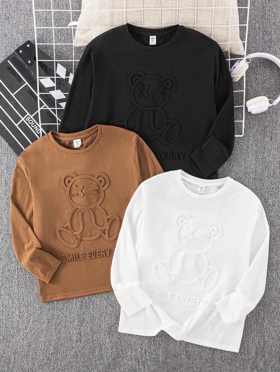 SHEIN 3 sztuki/zestaw Chłopięce Casual Street Fashion Niedźwiedź Wytłoczony Grafika Nadruk Okrągły Dekolt Luźny Dopasowany Długi Rękaw Koszulki, 3 Różne Wzory