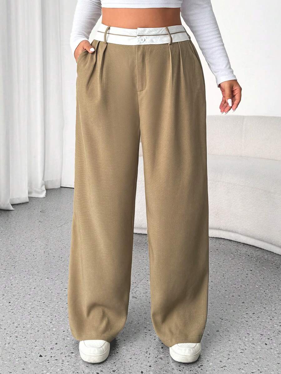 Flirla 大码女式复古宽松翻领直腿休闲西装裤 - 卡其色 - 查看 1