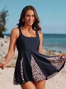 Swim Lushoire 2pcs/Set Women Crew Neck Printed Patchwork Tankini Top And Solid High Waist Swim Bottoms Bikini Tankini Summer - Multicolor - View 3