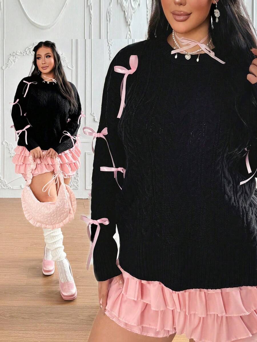 Lyrianda Autumn/Winter French Retro Bow Decor Cable Knit Crew Neck Sweater Knit Pullover Fall Outfit