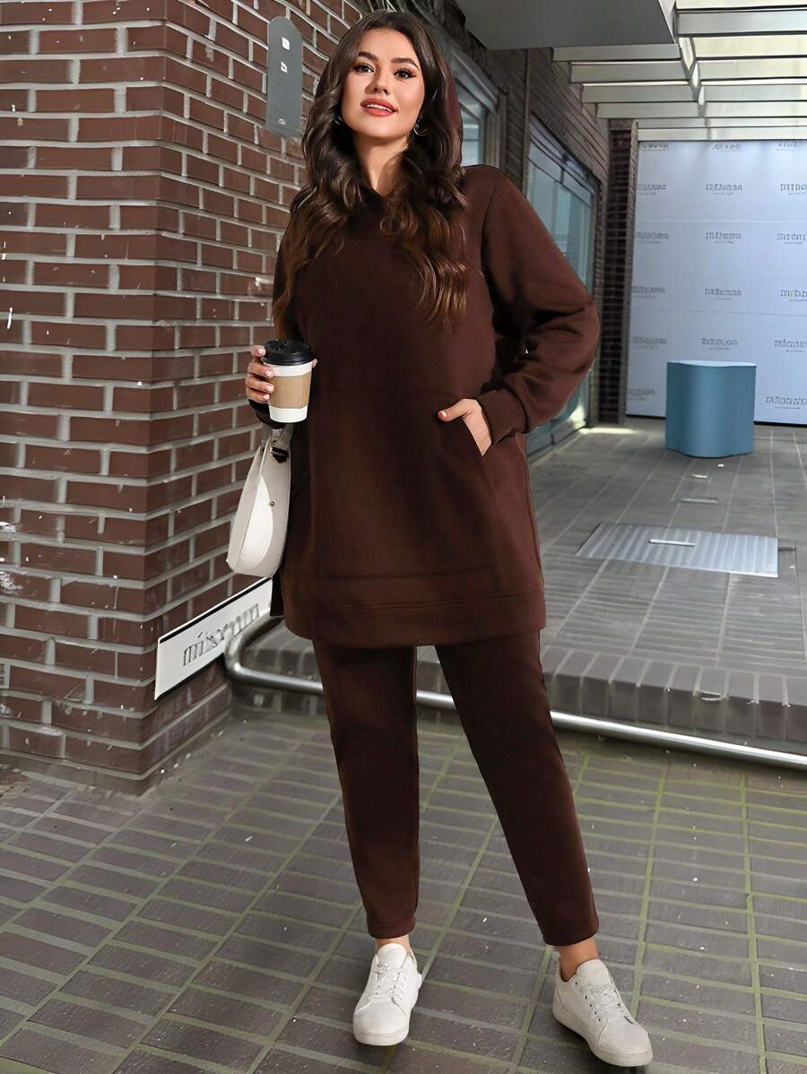 SHEIN LUNE Bộ 2 món/bộ áo hoodie và quần legging mềm mại cho nữ, mùa thu/đông - màu nâu - Xem 1