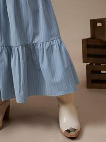 WESTFADE Falda larga de verano con volantes y rayas, estilo occidental para vacaciones - Neblina azul - Ver 3