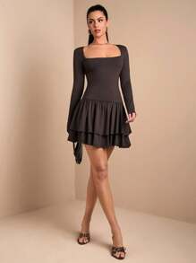 SHEIN BAE Women's Casual Simple Versatile Ruffle Hem Fitted Mini Dress, Autumn/Winter - Brown - View 6