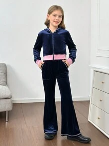 SHEIN Tween 女童水钻字母印花天鹅绒连帽夹克和裤子休闲套装，秋冬 - 藏蓝色 - 查看 2