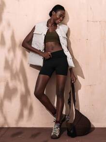 VARSITIE Fall Winter High Collar, Large Pockets, Waist Drawstring Buttoned Vest Women Sports Winter Coats - Apricot - View 4