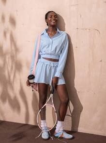 VARSITIE Striped Long Sleeve Cropped Shirt Low Rise Lace Mini Women Sports Sets Tennis Skirt Settennis Outfitco Ords Sets Women