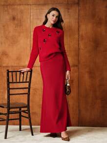 MOTF PREMIUM 亮片花卉拼贴蓬松针织毛衣