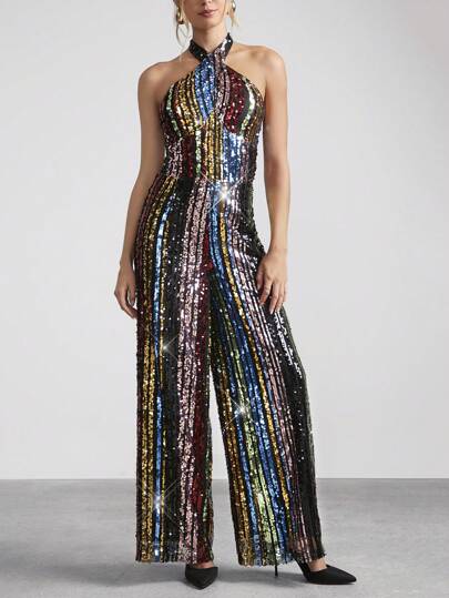 Amorya Rainbow Sequin Decor Halter Neck Women Jumpsuit For Party New Years Outfit Christmas Party Women Jumpsuit Holiday Party Women Jumpsuit New Years Eve Outfit New Years Outfit Glitter Pants Glitter Jumpsuit Party Women Outfits New Years Eve Attire
