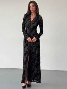 Aloruh 长袖 V 领高开叉长款植绒女式连衣裙，适合浪漫约会 - 黑色 - 查看 3