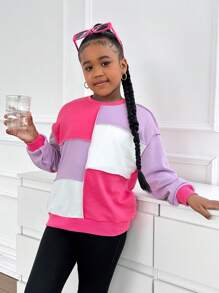 SHEIN Tween Girl Casual Colorblock Round Neck Loose Fit Long Sleeve Sweatshirt - Mauve Purple - View 3