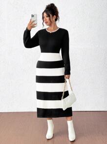 Franclia Plus Size Damska Okrągły Dekolt Paski Patchwork Długi Rękaw Prosta Swobodna Elegancka Dzianinowa Sukienka, Na Zimę