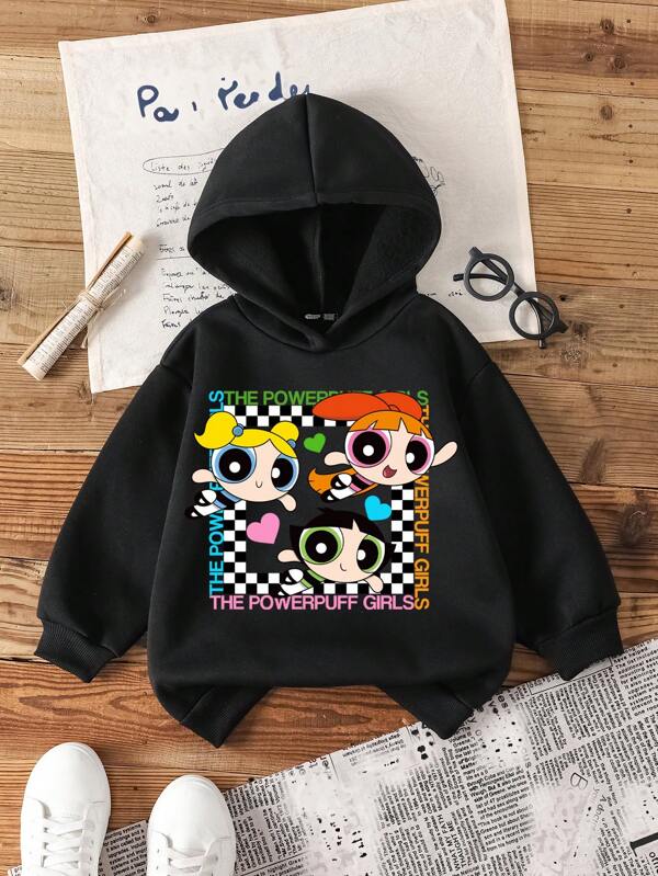 THE POWERPUFF GIRLS X SHEIN Young Girl Casual Cartoon Print Long Sleeve Hooded Sweatshirt, Suitable For Autumn/Winter