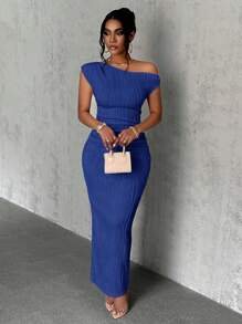 Slaydiva Summer New Elegant Party Daily Date Oblique Shoulder One-Shoulder Off-Shoulder Front Pleated Slim Long Skirt Wavy Texture Knitted Fabric White Women's Dress - Blue - View 4