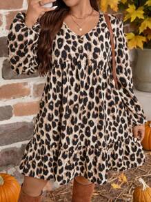 EMERY ROSE 大码豹纹灯笼袖休闲连衣裙，秋季感恩节装扮节日装扮节日派对连衣裙 - 彩色 - 查看 4