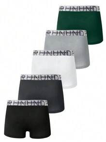 5pcs Plain Color Letter Elastic Waist Boxer Briefs For Men - Multicolor - View 2