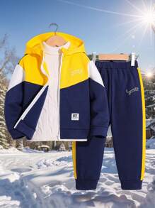 2 件装年轻男童休闲宽松字母图案拉链领长袖连帽夹克和裤子套装，秋冬装 - 寶藍色 - 查看 10