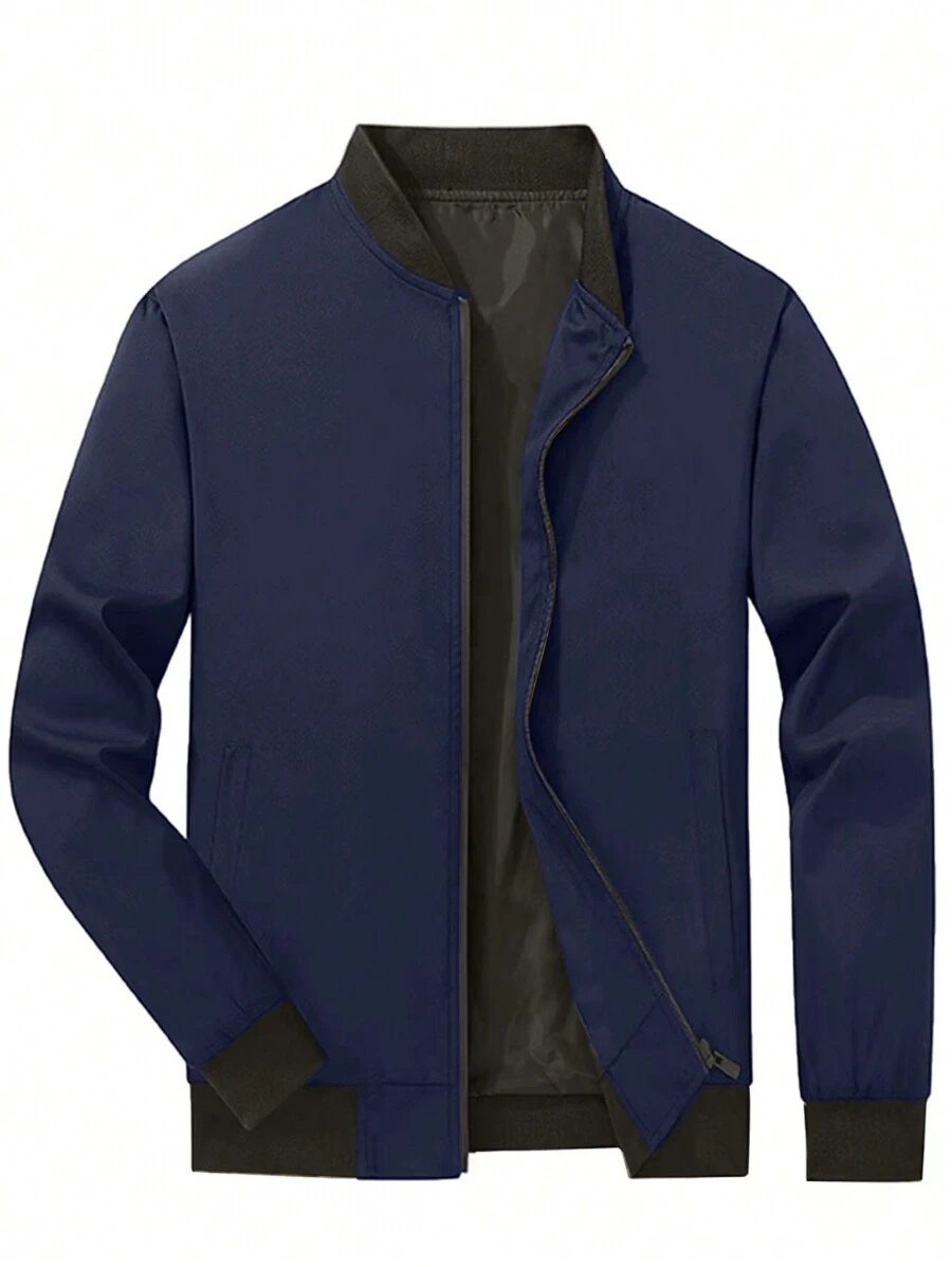 Manfinity Homme Plus Size Men's Plain Front Zipper Long Sleeve Pocket Casual Jacket - Navy Blue - View 1
