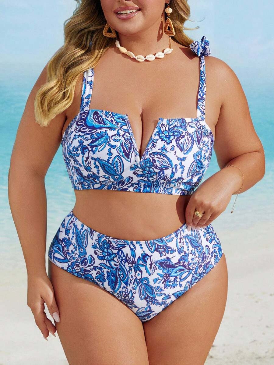 Floral Print Strappy Tie Front High Waist Plus Size Women Sexy Bikini Set Summer - Multicolor - View 1