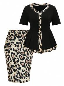SHEIN Clasi Plus Size Solid Color Patchwork Short Sleeve Top And Skirt 2 Pieces Set - Multicolor - View 1
