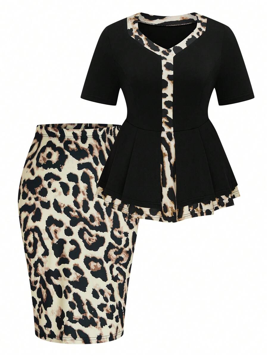 SHEIN Clasi Plus Size Solid Color Patchwork Short Sleeve Top And Skirt 2 Pieces Set - Multicolor - View 1