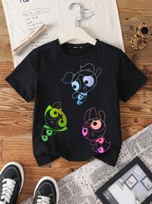THE POWERPUFF GIRLS X SHEIN Tween Girl Casual Cartoon Print Round Neck Short Sleeve T-Shirt, Summer