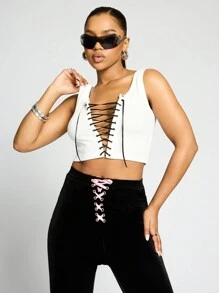 SUMWON WOMEN Music Festival Lace Tie Front Detail Crop Top - White - View 1