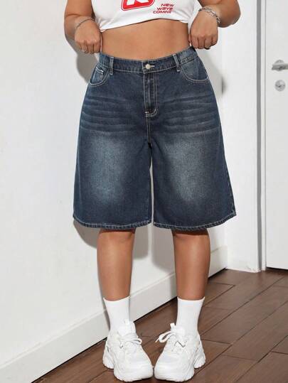 Dripcurv Blue Plus Size Denim Shorts Street Sexy Loose Pants Y2k Diagonal Pocket Denim Capris